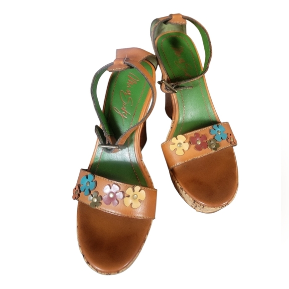 Miss Sixty Women\'s Cher Leather Brown Floral Accents Cork Wedge Heel Sz 37